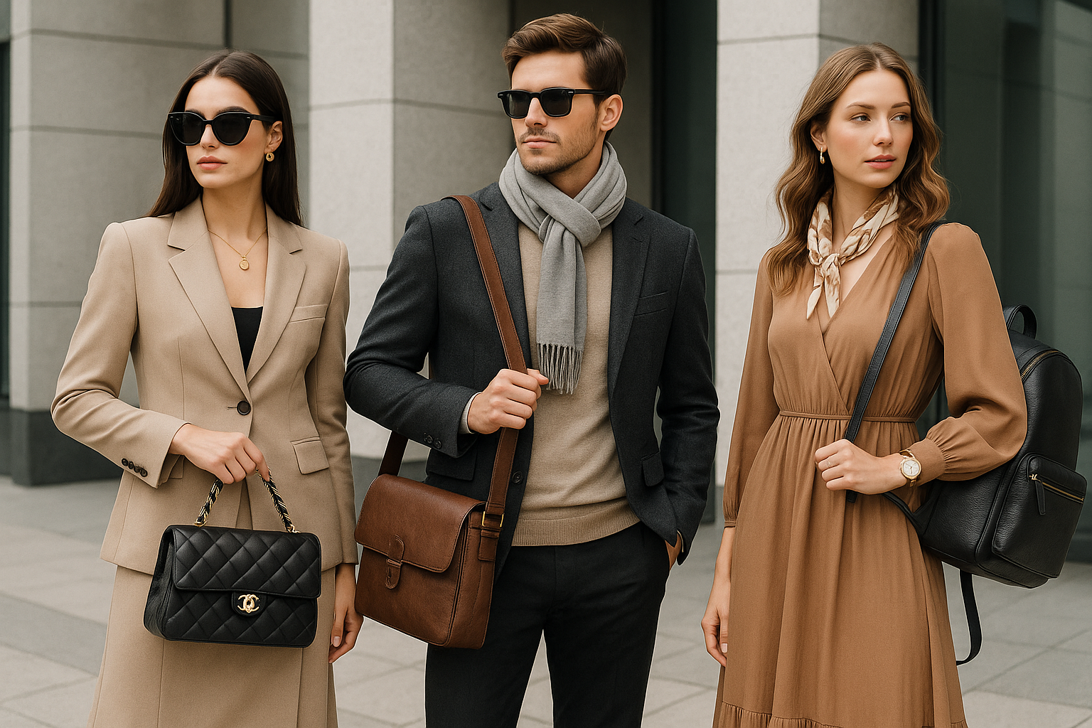 make a image with 2 lady and 1 boy which promotes fashion brand with bags and other exorcises